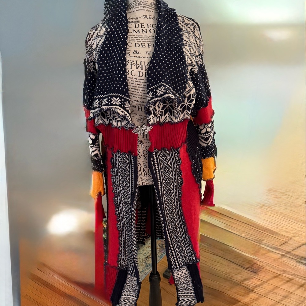 Upcycled handmade womens Jill2Day long sweater coat. Special and one of a kind!!